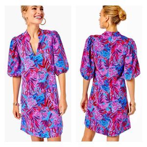 LILLY PULITZER Arcelle Printed Dress Ruby Red Wild Times Print Puff Sleeves Sz S